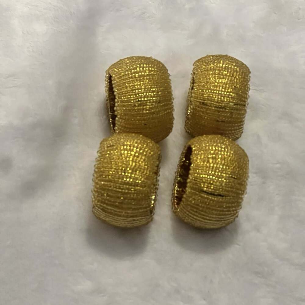 Pier one Gold Fabric Beaded Napkin Rings Set of 4 Dinner Party Set. - Picture 2 of 5